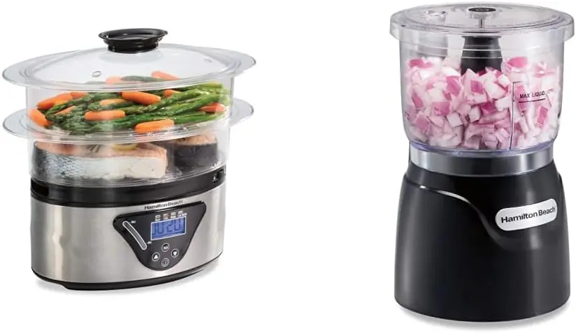 

Food Steamer & Rice Cooker, Stackable Two-Tier Bowls, 5.5 Quart, Black & Stainless Steel & Vegetable Chopper &