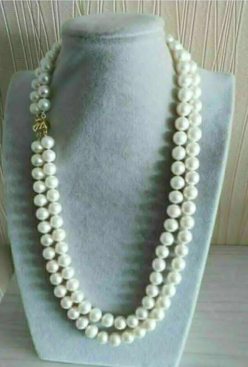 Двойная нить AAA 9-10 мм натуральный Akoya белый жемчуг ожерелье с 18 дюймов 14K Золотая пряжка-