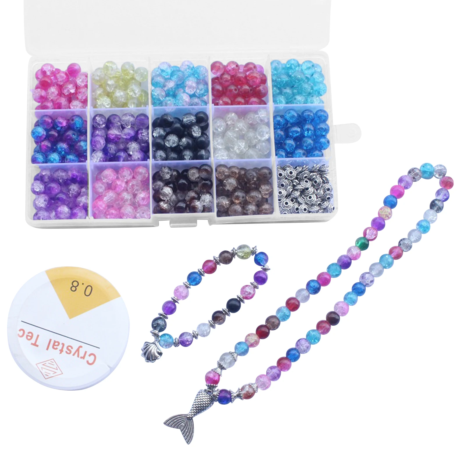 

401pcs/set Jewelry Making 14 Color 8mm Gift Necklace Bracelet With String Portable DIY Craft Multifunctional Crackle Glass Bead