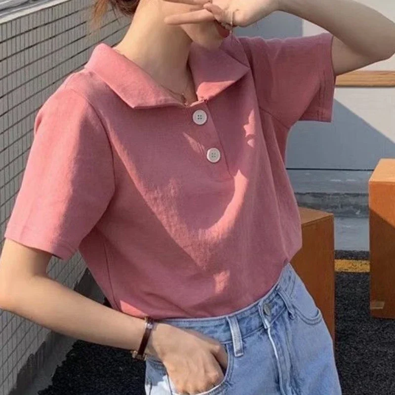 6-цветные футболки женские однотонные повседневные мягкие лацканы в