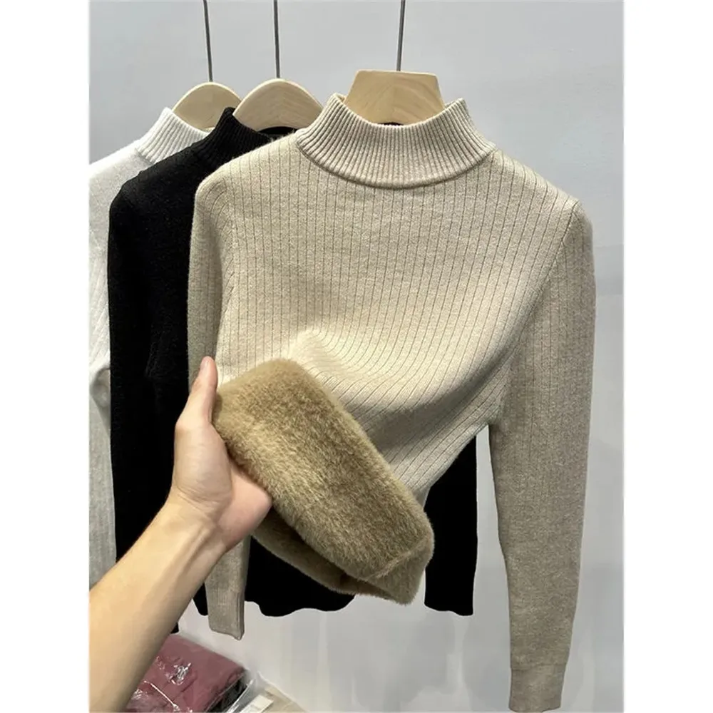 

Mock Neck Thicken Warm Plus Velvet Winter Sweater Women Casual Basic Solid Fall Slim Knit Pullover All Match Bottomed Sweaters