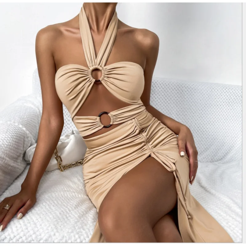 

Amazon Banquet Irregular Drawstring Bag Hip Graceful European and American Sexy Halter Backless Pleated Dress Resin Circle