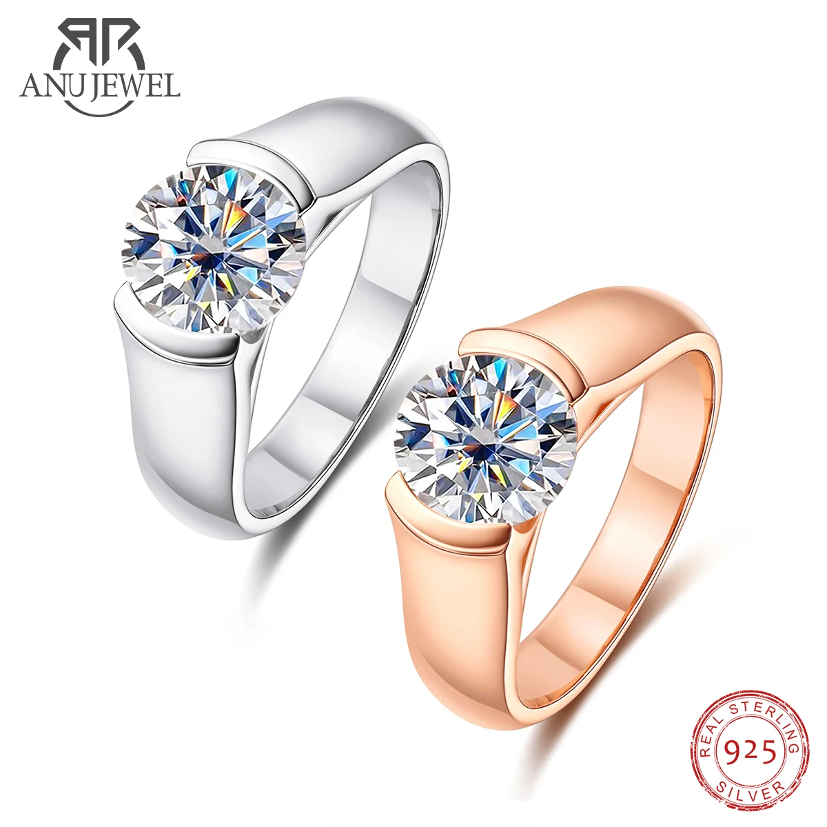 AnuJewel  2ct D Color Moissanite  Diamond 18K Rose Gold Plated Solitaire Woman Ring Man Ring Jewelry Wholesale