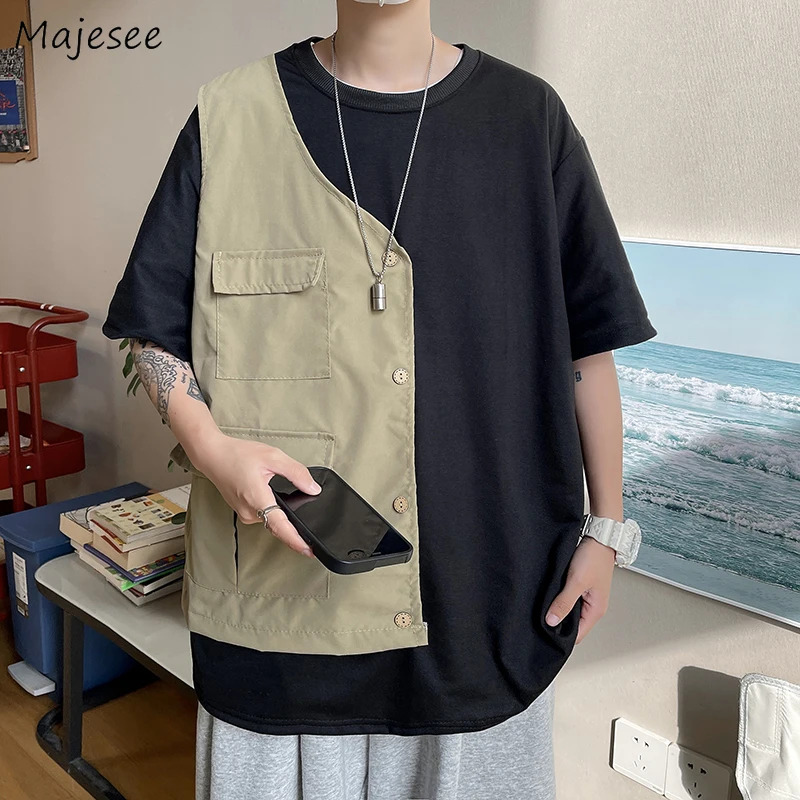 

Men T-shirts Patchwork European Design High Street Handsome Stylish Ins Personality Youngster Cargo Japanese Casual College Cozy
