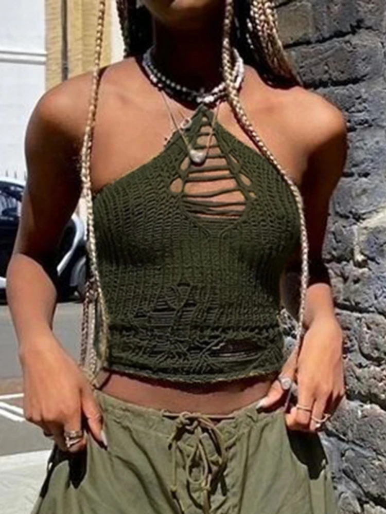 

Sunny Y.j. y2k Hollow Out Halter Top Green Knitted Backless Sexy Mini Vest Retro Fashion Crop Top Women Summer Beach Sweats 90s