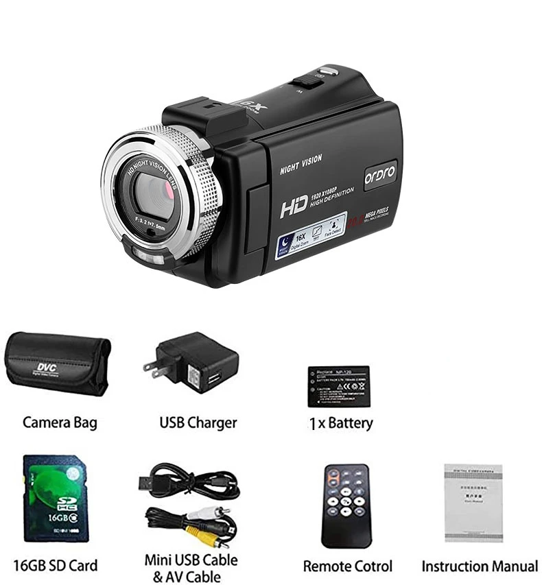 

Ordro HDV-V12 1080P Full HD Video Camera Camcorder 16x Digital Zoom Digital Rotation LCD Screen 24MP Night vision 16G Memory