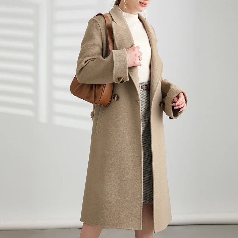 

Осенне-зимнее двустороннее кашемировое пальто, женское Свободное пальто средней длины со шнуровкой и воротником-костюмом, пальто из 100% чистой шерсти