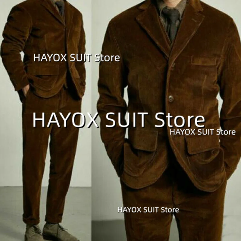 Men's Suit 2 Piece Point Lapel Two Grain Button Corduroy Jacket Prom Party Casual Pants Blazer Set