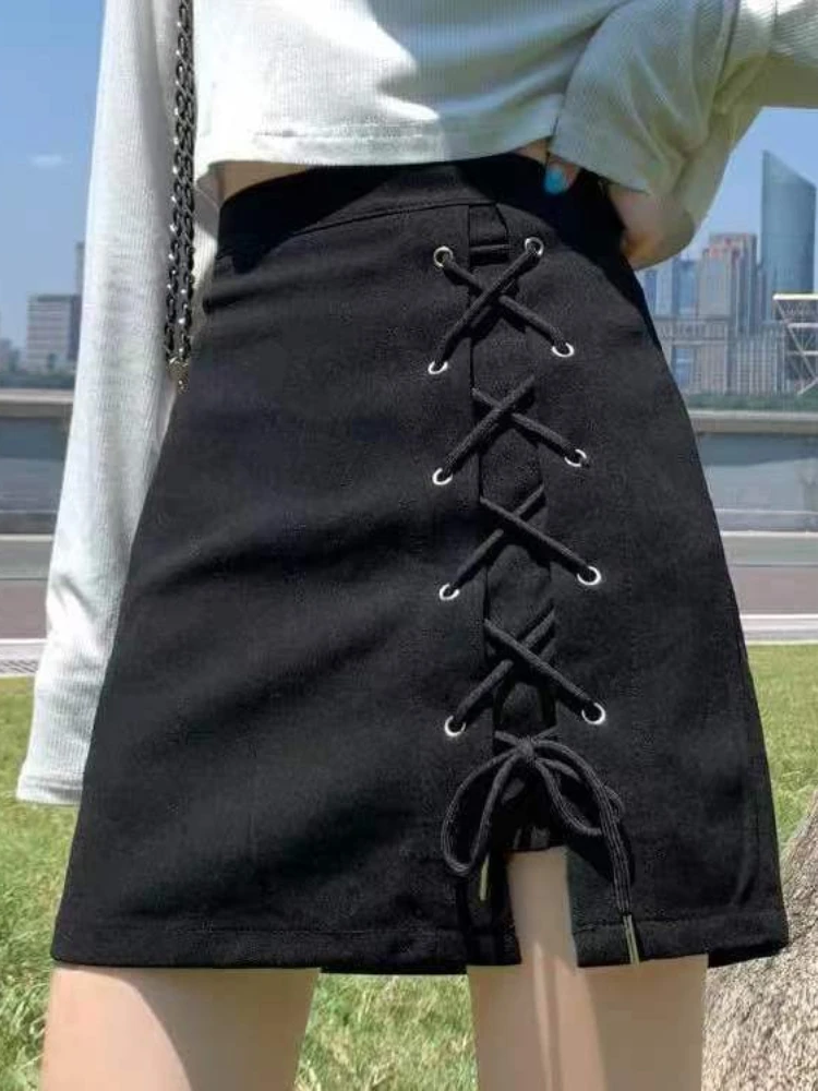 

Black Mini Dress Women Sexy Bandage A-LINE Skirt 2022 Summer Bodycon Solid High Street Gothic Kpop Korean Fashion