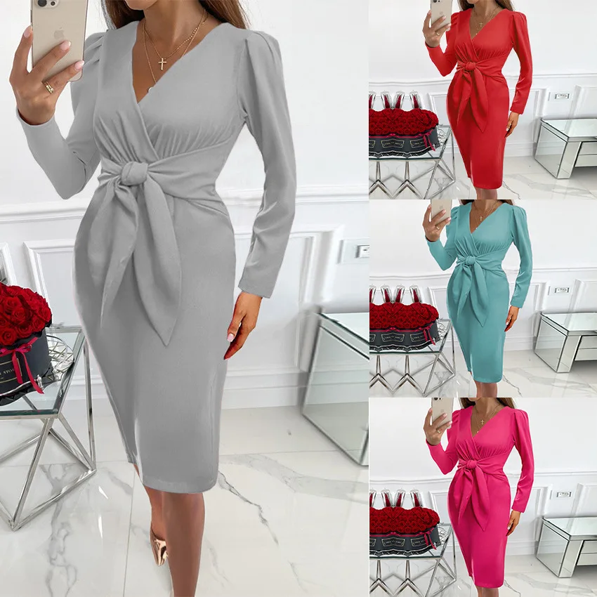 

Women's Clothing 2022 Solid Color Pleated V-neck Dress Belt High Waist Long Sleeve Mini Dress Evening Party