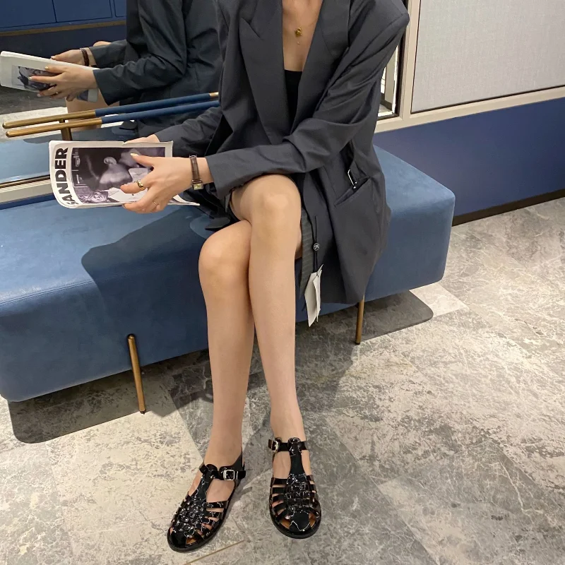 

Ladies Sandals Women's Flat Shoes PU Solid Color Round Shape Hasp Women Fashion Shoes Women Shoes Women Sandals Women Shoes