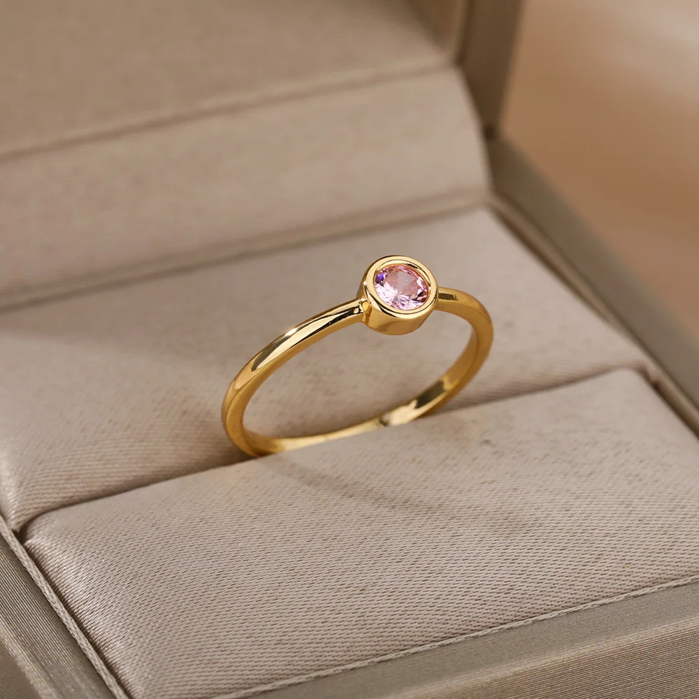 

Pink Zircon Rings For Women Gold Silver Color Stainless Steel Female Engagement Wedding Ring Jewelry Girlfriend Birthday Gift