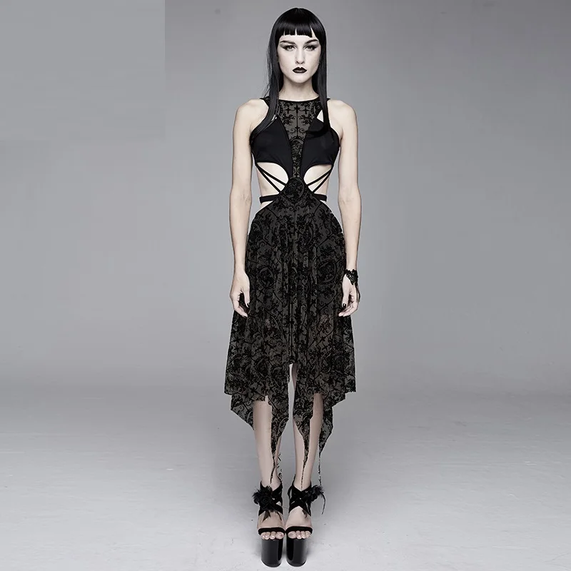 Dark Goth Dress Necktie Gown Lace Lace Sexy See-Through Lace Wrap Dress