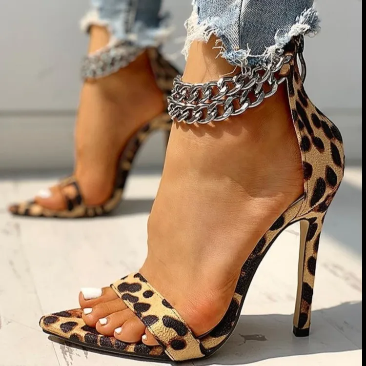 

Sexy Rhinestones Sandals Women Leopard Thin High Heels Ladies Pumps Ankle Strap Female 2022 Summer New Party Shoes