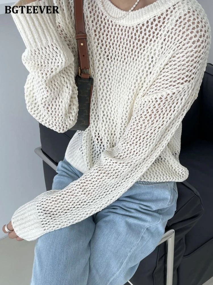 

BGTEEVER Spring Loose Hollow Out Knitted Pullovers for Women Casual Long Sleeve Female Sweaters Jumpers Ladies Knitwear