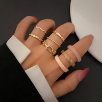 8pcs trend rings set for women gold color hollow chain pink resin ring finger jewelry aesthetic accessories female gift 2022 new
