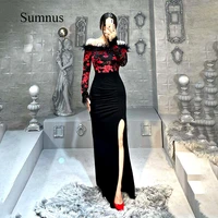 floral print evening dress long sleeve feather boat neck side split sexy prom dresses floor length chinese evening party gowns