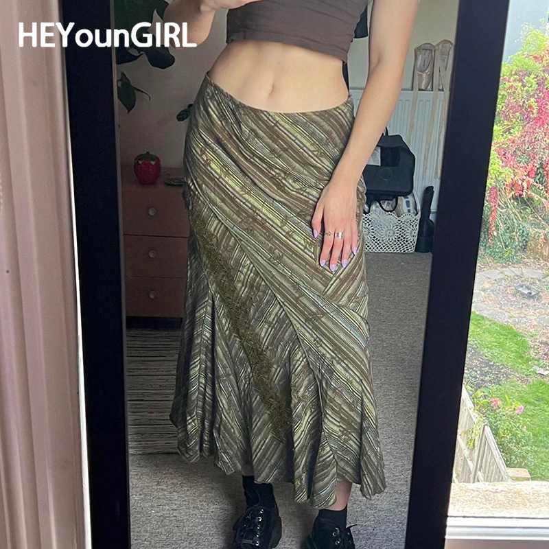 

HEYounGIRL Autumn Print Striped Vintage Long Skirt for Women Chic Mori Girl Style Low Waist Skirt 2000s Aesthetic Clothing Lady