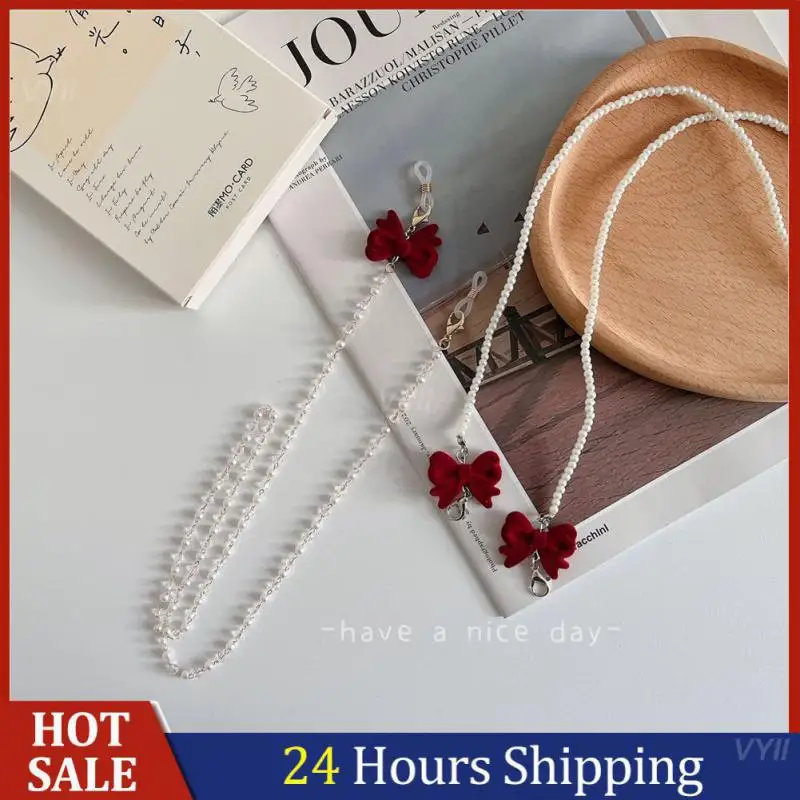 

Bowknot Mask Hanging Rope Eyeglasses Chain Pearl Beaded Trendy Women Outside Casual Sunglasses Accessory Necklace Gift