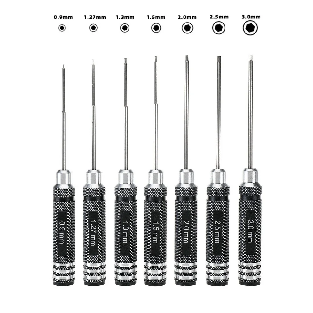 7pcs Hex Screwdrivers Set Hex Driver Wrench Screwdriver Aluminium Handle 0.9/1.27/1.3/1.5/ 2.0/2.5/3.0mm For RC Helicopter