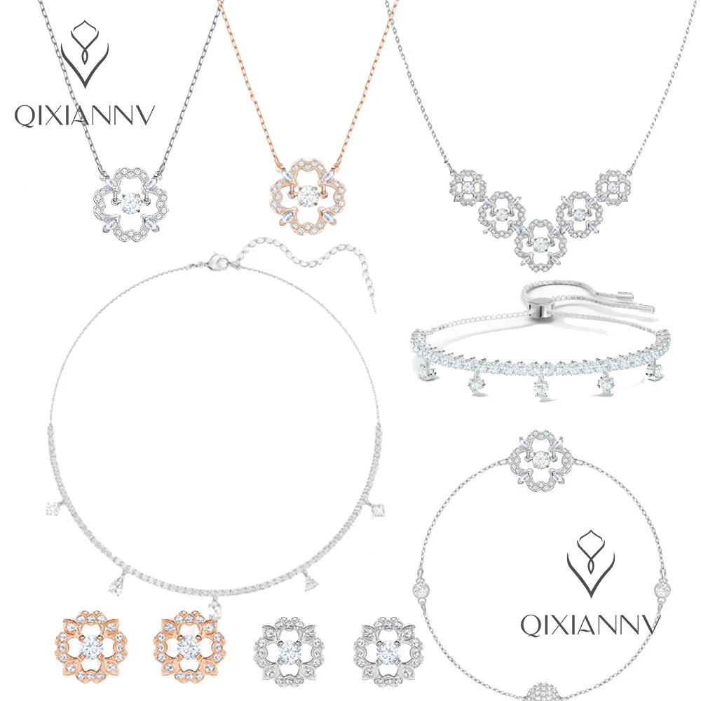 

SWA 2021 Fashion Jewelry Exquisite Charm Hollow Clover Beating Crystal Female Pendant Necklace Earring Bracelet Romantic Gift