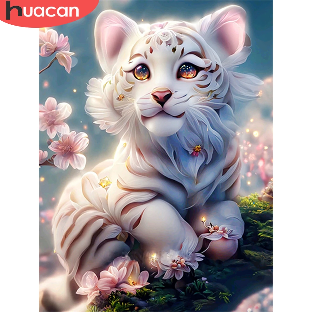 

HUACAN Painting By Numbers Tiger Animal Handmade DIY 60x75cm Framed Draw On Canvas Flower Home Decoration Gift Art
