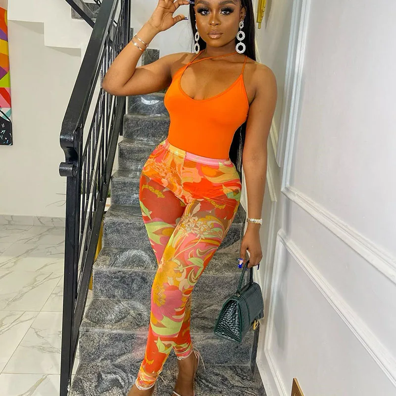 

Sexy Print Mesh Sheer Bodysuit and Leggings Set Womens Two Peice Sets Summer Clothes Clubwear Party Nightclub Birthday Outfits