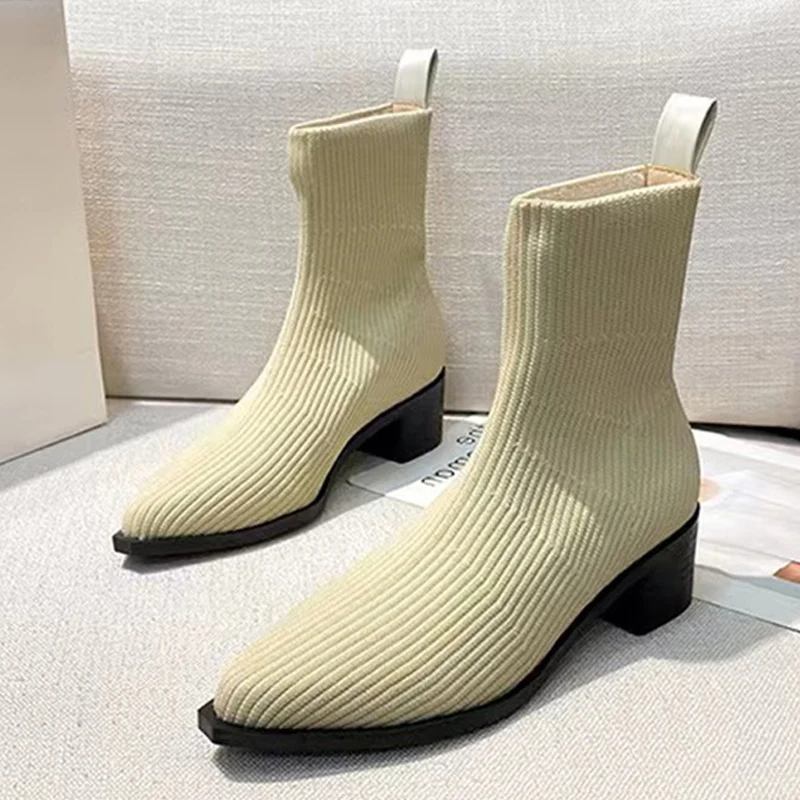 

Liyke 2022 New Fashion Pointed Toe Low Heels Women Black Knitting Stretch Fabric Ankle Socks Boots Slip-On Chelsea Shoes Size 40