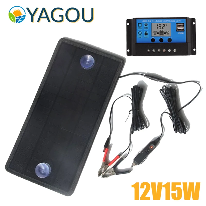 

YAGOU 12V Solar Panel Kit Complete 15W with Controller 370*180mm Soalr Cell DC Output Battery Charger for RV Boat Car Battery