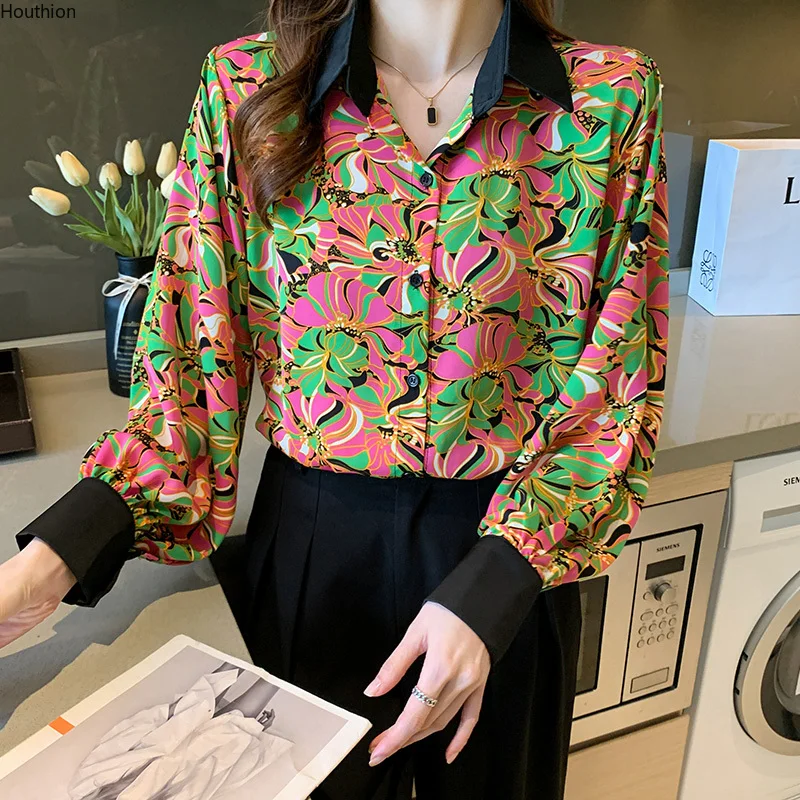 

Женская шифоновая блузка с длинным рукавом и принтом