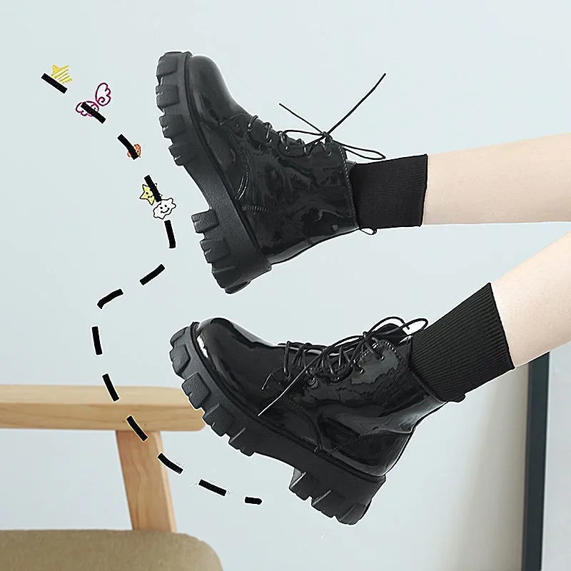 Women Platform Punk Rock Shoes Woman Harajuku Ankle Boots Booties Luxury Designer Patent Leather Chunk Shoes New 2022