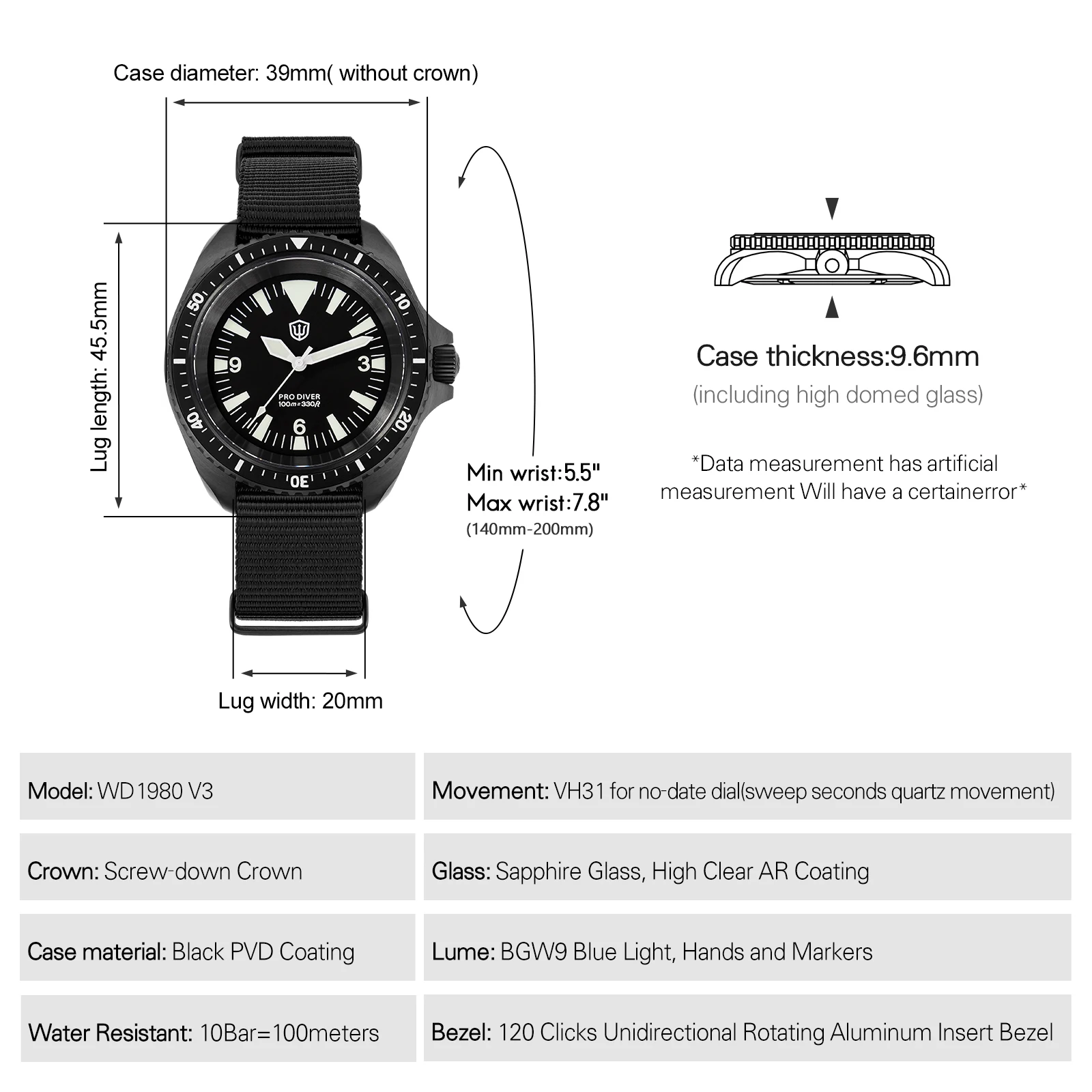Watchdives WD1980 V3 Роскошные часы VH31 Sweep Seconds Кварцевый механизм AR Покрытие Сапфировое стекло 10 бар Водонепроницаемые мужские часы (art.: 3920d017d323a) - 3920d017d323a