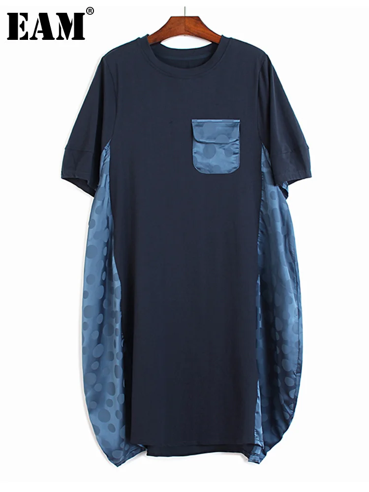 

Женское платье с принтом EAM, черное Свободное платье с круглым вырезом и коротким рукавом, весна-лето 2022, 1DE7656