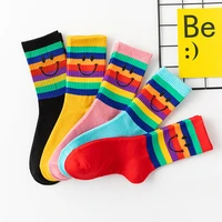 new cotton striped sports socks mid tube socks ladies socks cute socks harajuku smiley kawaii trendy socks fashion woman socks