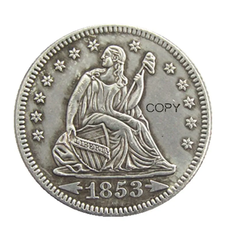 США 1853O Сидящая свобода квартер доллар стрелы и лучи Посеребренная КОПИЯ монета США 1853O Сидящая свобода квартер доллар стрелы и лучи Посеребренная КОПИЯ монета