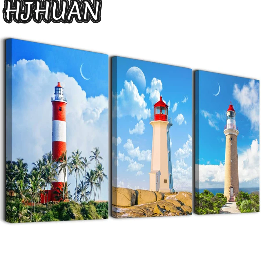 

3pcs Cartoon, lighthouse scenery Diamond Painting Full Square round diamond Home Decoration Embroidery Handcraft Art Kits