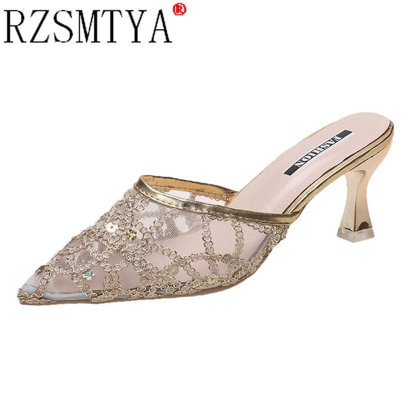 

2022 High Heels Sandals Woman Mesh Summer Shoes Women Pumps Pointed Toe Ankle Buckle Strap Ethnic Embroidery Flower Handmade
