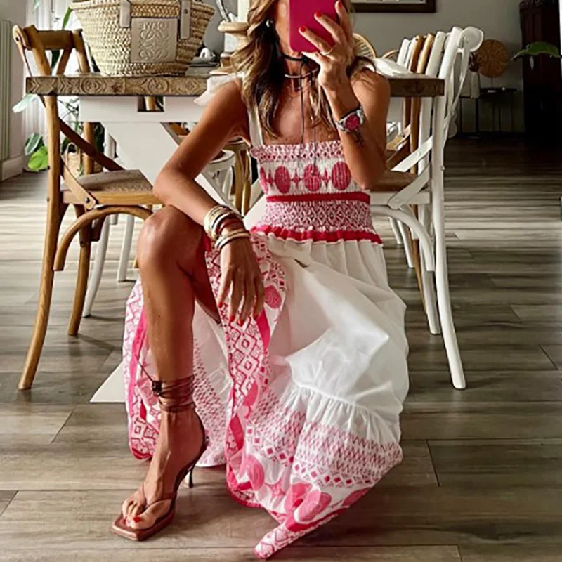 

Women Slash Neck Draped Tie-up Bow Strap Dress Spring Floral Print Patchwork Long Dress New Summer Off Shoulder Boho Party Dress