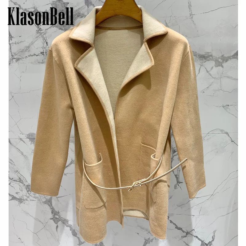 

10,26 KlasonBell модный дизайн двусторонний отворот с поясом шерстяной вязаный кардиган пальто для женщин