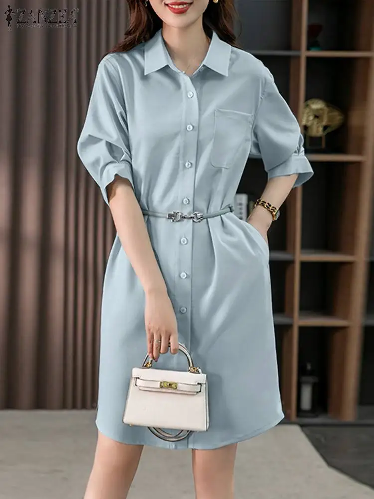 

Платье ZANZEA женское с отложным воротником, элегантный модный однотонный свободный Сарафан до колена, с рукавом до локтя, для офиса и работы, лето 2023