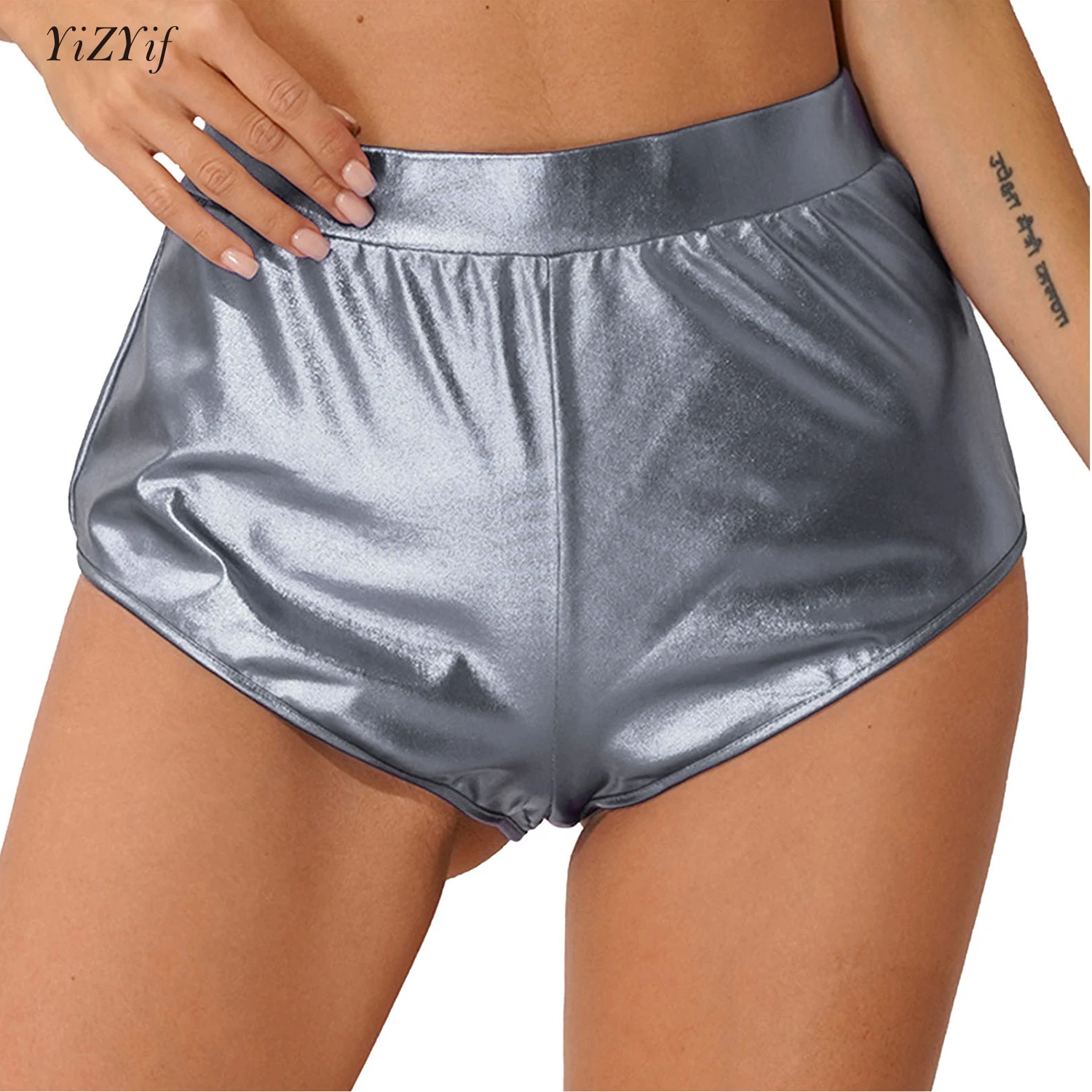 

Shiny Metallic Rave Mini Shorts Fashion Festival Disco Club Dance Workout Shorts Sheer Booty Shorts Stage Performance Bottoms