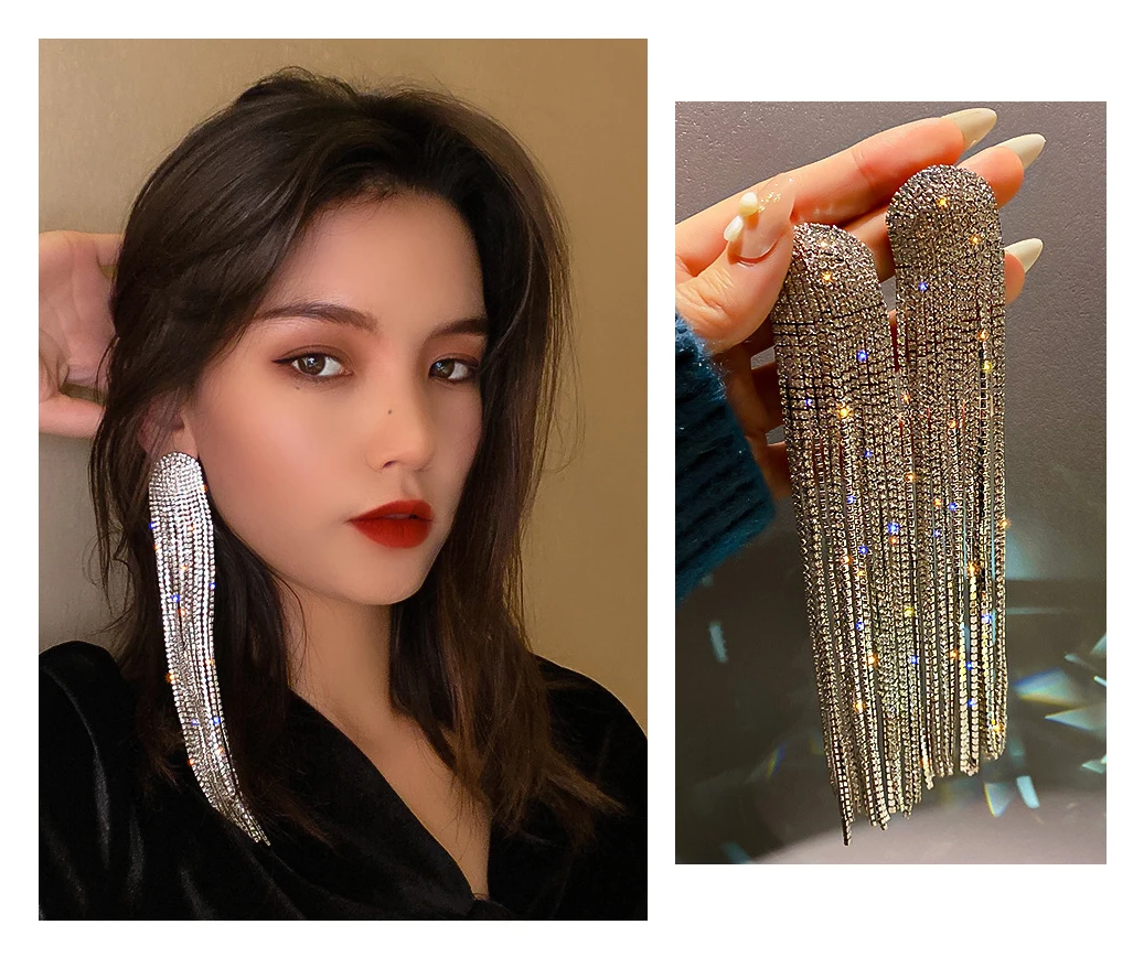 

925 Silver Needle South Korea Dongdaemun Full Diamond Long Tassel Earrings Temperament Fashion Earrings For Women