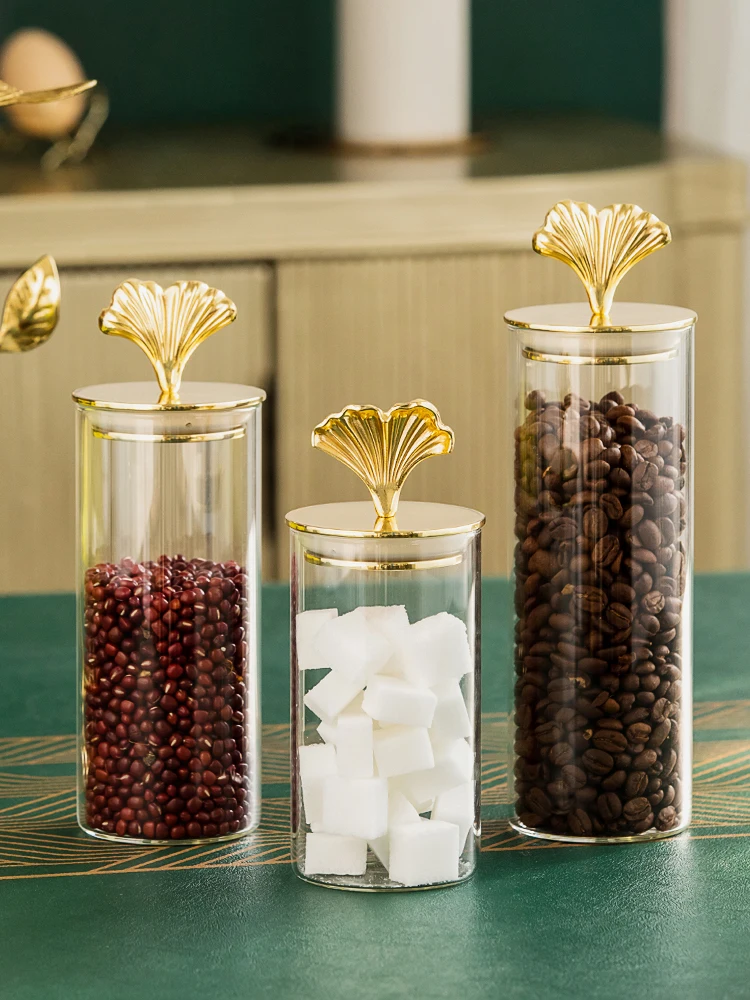 

European light luxury brass ginkgo leaf glass sealed jar and lids kitchen moisture-proof jar coffee bean tea sugar sealed jar