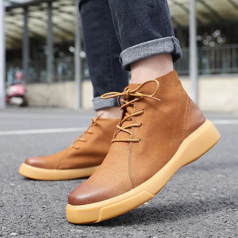 

2022 New Work Boot Men Leather Boots Brown Martin Boots Retro Ankle Boots Shoes for Men Big Size 47 Waterproof Motorcycle Boots
