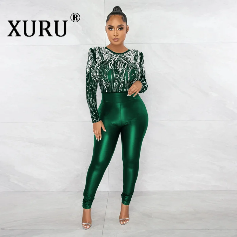 XURU Sexy Perspective Hot Drill Jumpsuit, Casual Slim Fitting High Neck Jumpsuit for Women, Black Trousers