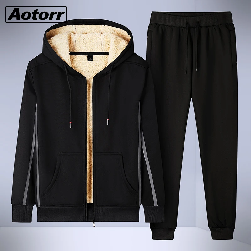 

Tracksuit Men Winter Solid Hoodies Casual Hooded Warm Sweatshirts Thick Fleece 2PC Jacket+Pant Men Moleton Masculino M-6XL