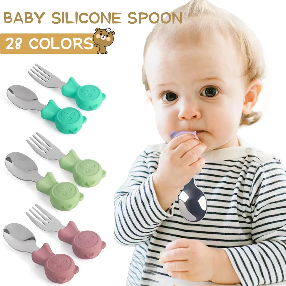 

Complementary Food Spoon Fork 2pcs Fork Spoon Sets Training Self-feeding Spoon Fork 2pcs Cartoon Baby Feeding Spoon Cute Sweet