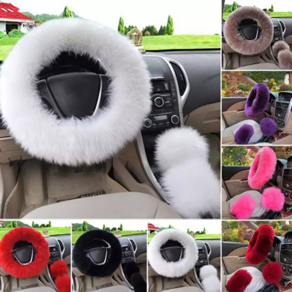 

38cm Solid Soft Warm Long Wool Fuzzy Steering Wheel Cover Woolen Handbrake Car Accessory Sheep Fur Plush Protector Cover Kit