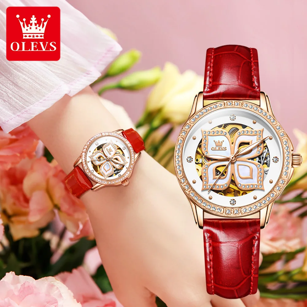 Enlarge OLEVS Luxury Top Brand Automatic Mechanical Watches For Woman Waterproof Luminous Wristwatch Fashion Leather Strap Diamond Watch