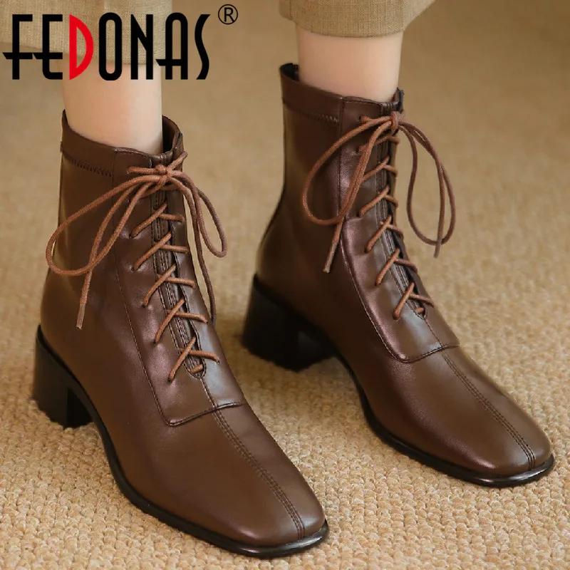 

Женские Классические ботильоны на шнуровке FEDONAS, черные ботинки на толстых каблуках с молнией сзади, обувь для офиса на осень и зиму